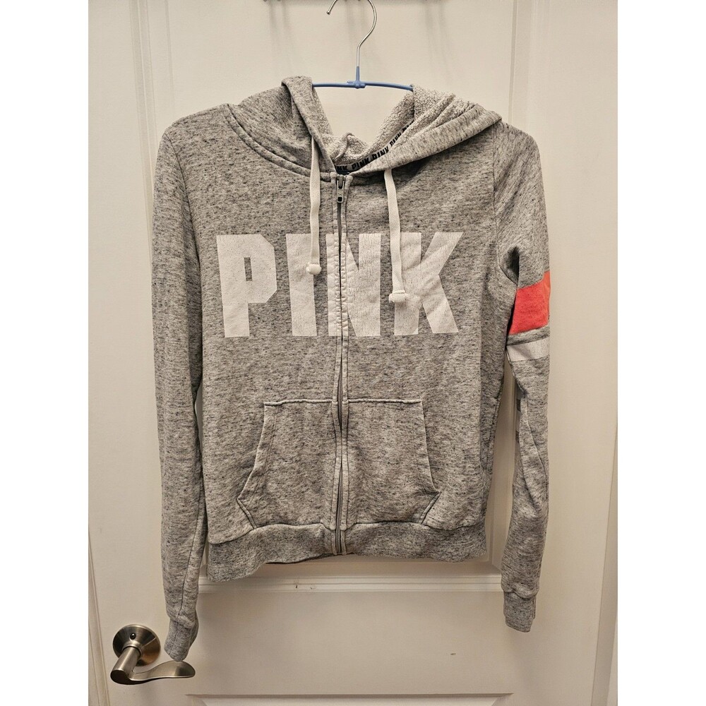 PINK Victorias Secret Womens Hoodie Size M Heather Gray Full Zip Logo Graphic